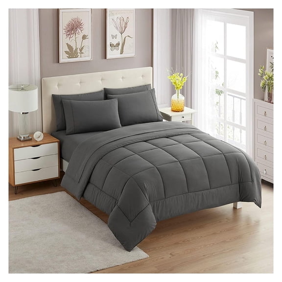 KITYDALK 5 Piece Comforter Set Bag Solid Color All Season Soft Down Alternative Blanket & Luxurious Microfiber Bed Sheets, Gray,