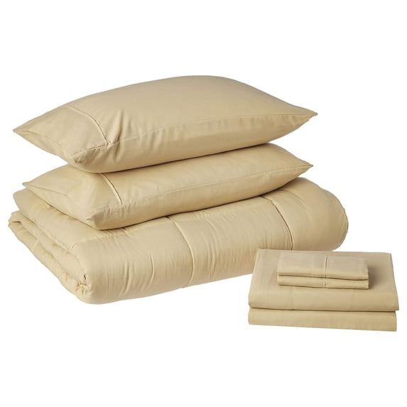 KITYDALK 7 Piece Comforter Set Bag Solid Color All Season Soft Down Alternative Blanket & Luxurious Microfiber Bed Sheets, Camel, Queen