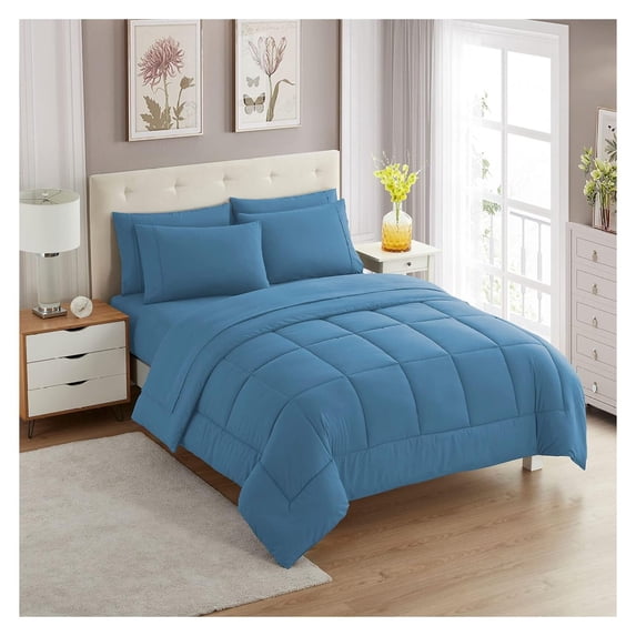KITYDALK 7 Piece Comforter Set Bag Solid Color All Season Soft Down Alternative Blanket & Luxurious Microfiber Bed Sheets, Denim, King