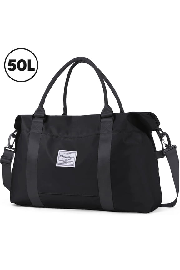 Travel Duffle Bag for Women Men, Weekender Bags Carry on Gym Bag with Wet Pocket/Adjustable Strap, Foldable Waterproof Overnight Tote Bag for Plane Sports Dance, Black