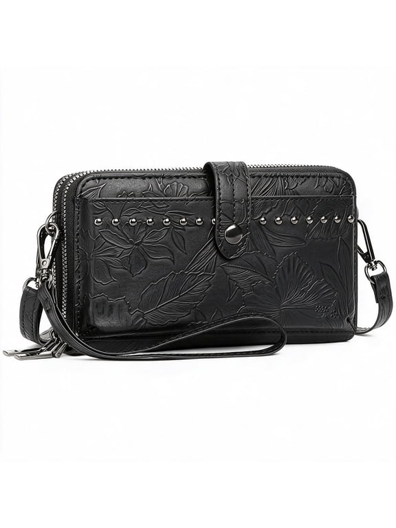 Women's RFID Blocking Wallet, Large Capacity Double Zip Wristlet Phone Purse with Detachable Crossbody Strap, Card Holder Clutch for Travel Daily Use