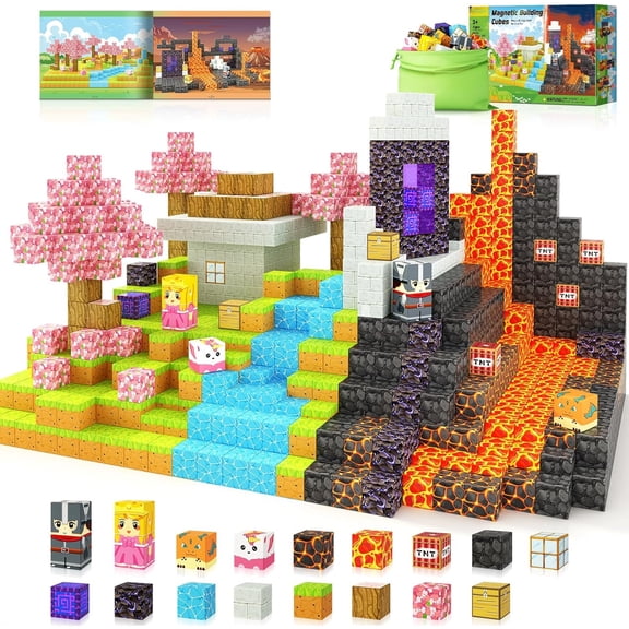 KIVORA Magnetic Blocks 84-Piece STEM Sensory Building Set with Forest and Lava World Cubes for Kids Ages 3 and Up