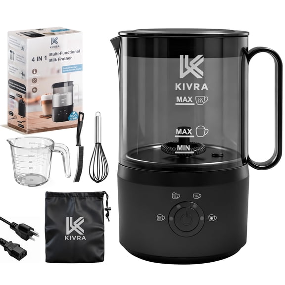KIVRA Milk Frother and Steamer 350ml | 4 Mode cold foam maker for Hot and Cold Drinks | Durable Non Stick Milk Frother for Coffee Lovers - Includes 1x Whisk, Measuring Cup, String Bag & Brush Y101