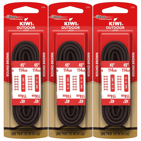 KIWI Outdoor Round Shoe Laces, Brown, 45 Inch (114 cm) 3 Pack (One Pair per Pack) Replacement Laces for Boots, Hiking Shoes & Outdoor Footwear, 56 Eyelets