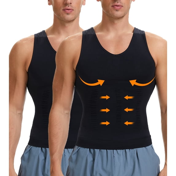 KIWI RATA 2 Packs Men's V‑Neck Workout Shirts Athletic Active Tops Compression Tank Top Tummy Control Stretchy Body Shaper Base Layer Abdomen Undershirt