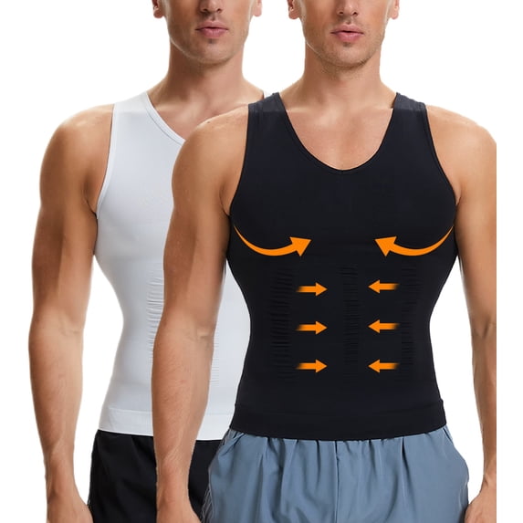 KIWI RATA 2 Packs Men's V‑Neck Workout Shirts Athletic Active Tops Compression Tank Top Tummy Control Stretchy Body Shaper Base Layer Abdomen Undershirt