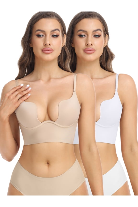 Low Back Bras for Women Deep U Plunge Backless Bras Seamless Halter Bras Wire Lifting Low Cut Bra