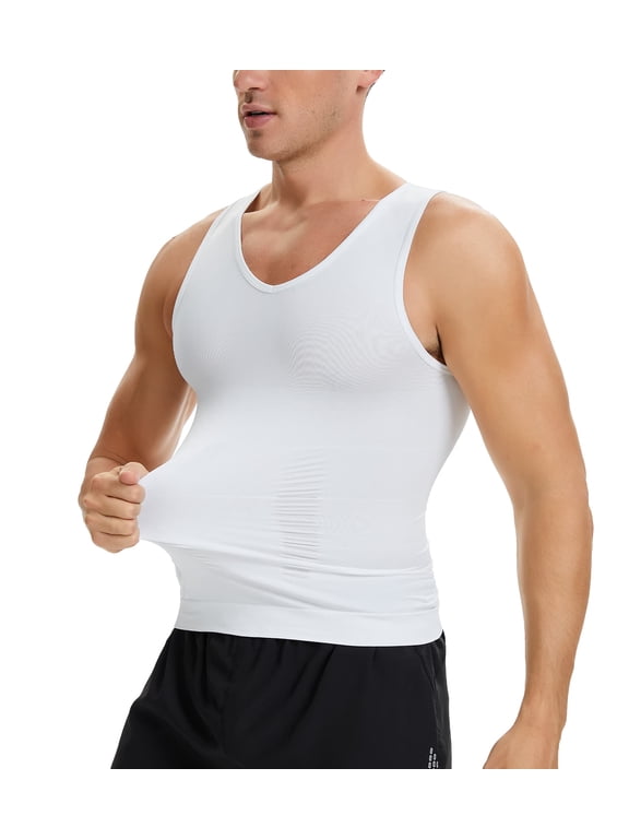 Men's V‑Neck Workout Shirts Athletic Active Tops Compression Tank Top Tummy Control Stretchy Body Shaper Base Layer Abdomen Undershirt