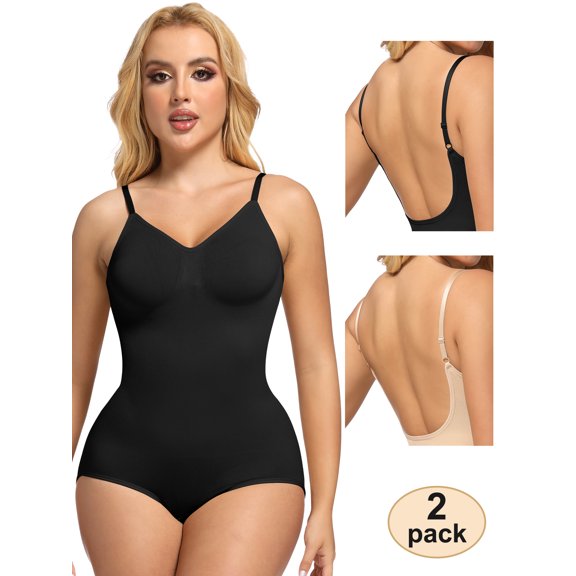 KIWI RATA Women's Plus Size Low Back Shapewear Bodysuit for Women Tummy Control Body Shaper Spaghetti Strap Camisole