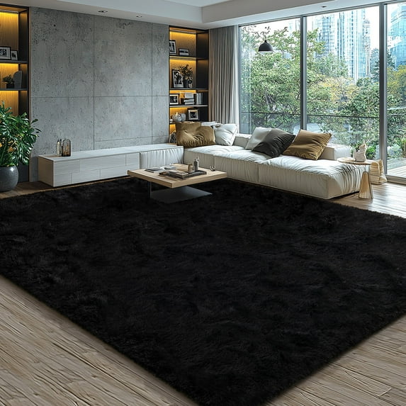 KIXINWA 5x7 Washable Large Area Rug for Living Room, Fluffy Shag Rug for Bedroom, Ultra Soft Plush Non Slip Carpet for Indoor Floor Bedside Nursery Kids Girls Room Dorm, Home Decor Aesthetic, Black
