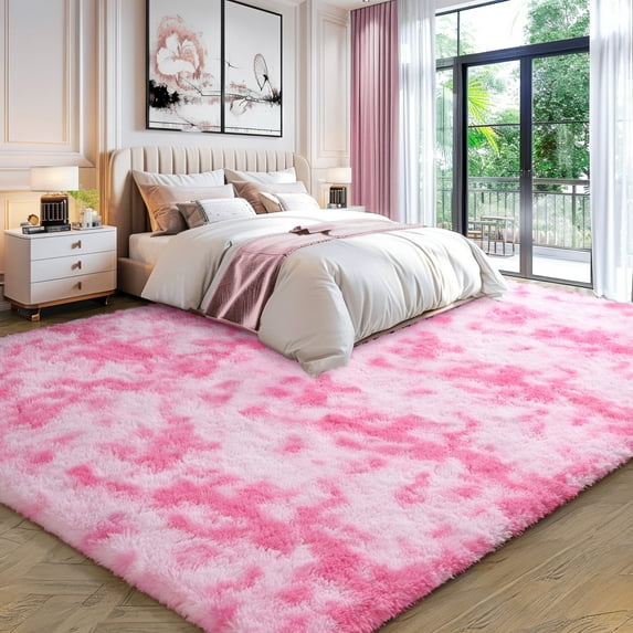 KIXINWA Area Rug for Bedroom Living Room, Machine Washable 4x6 Fluffy Shag Rug, Soft Plush Non Slip Carpet for Indoor Floor Bedside Nursery Girls Kids Room Dorm, Home Decor Aesthetic, Tie-Dyed Pink