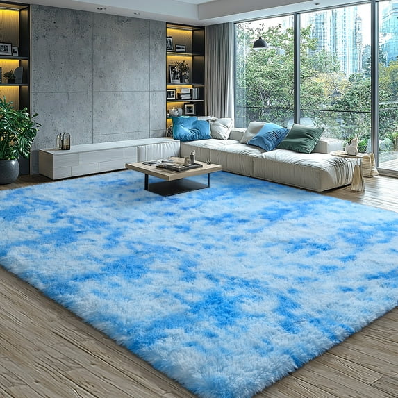 KIXINWA Area Rug for Bedroom Living Room, Machine Washable 4x6 Fluffy Shag Rug, Soft Plush Non Slip Carpet for Indoor Floor Bedside Nursery Girls Kids Room Dorm, Home Decor Aesthetic, Tie-Dyed Blue