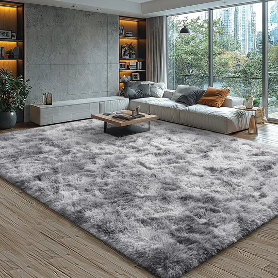KIXINWA Area Rug for Bedroom Living Room, Machine Washable 4x6 Fluffy Shag Rug, Soft Plush Non Slip Carpet for Indoor Floor Bedside Nursery Kids Room, Dorm, Home Decor Aesthetic, Tie-Dyed Light Grey