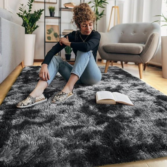 KIXINWA Area Rug for Bedroom Living Room, Machine Washable 4x6 Fluffy Shag Rug, Soft Plush Non Slip Carpet for Indoor Floor Bedside Nursery Kids Room, Dorm, Home Decor Aesthetic, Tie-Dyed Dark Grey