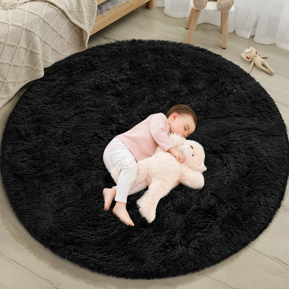 KIXINWA Black Round Rug for Kids Room, Fluffy Circle Rug for Bedroom, 4x4 Feet Fuzzy Circular Rug, Soft Plush Area Rug for Bedroom, Non Slip Shaggy Living Room Rug, Nursery Dorm Cute Small Rug