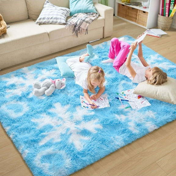 KIXINWA Frozen Princess Rugs for Living Room, 4x6 Feet Fluffy Shaggy Snowflake Rug for Girls BedRoom, Plush Fuzzy Super Soft Carpet for Kids Room Home Decor, Upgraded Non Slip Bottom, Blue Frozen Rug