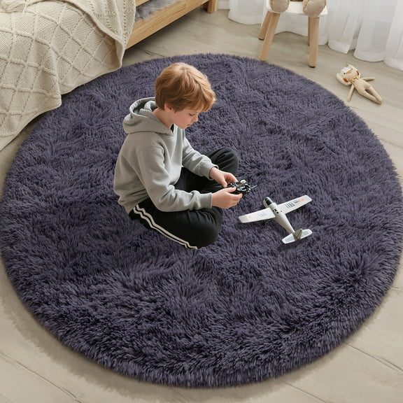 KIXINWA Grey Purple Round Rug for Girls Bedroom, Fluffy Circle Rug for Kids Room, 4x4 Feet Fuzzy Circular Rug, Soft Plush Area Rug for Bedroom, Non Slip Shaggy Living Room Rug
