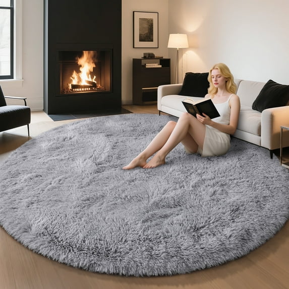 KIXINWA Grey Round Rug for Bedroom, 6x6 Ft Fluffy Soft Circle Area Rugs for Living Room, Plush Shaggy Circular Carpet for Indoor Floor Bedside Kids Nursery, Machine-Washable Home Decor Aesthetic