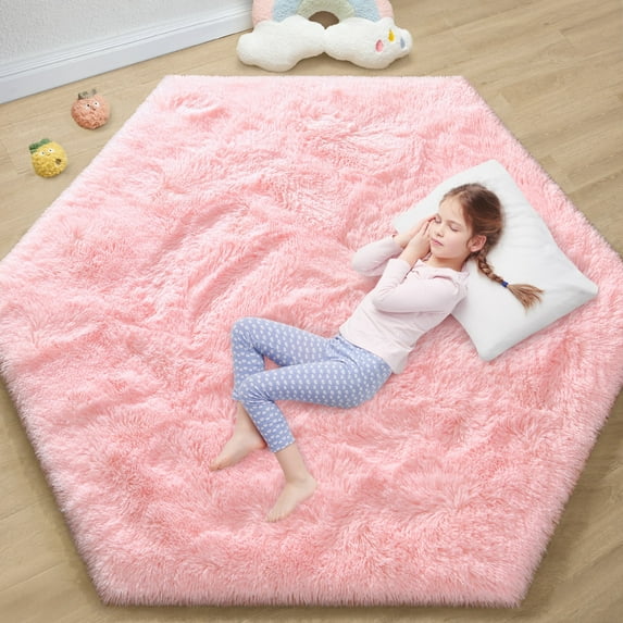 KIXINWA Pink Hexagon Rug for Princess Tent, Fluffy Area Rug for Kids Room, 4x4.6 Feet for Girls Tent, Furry Soft Nursery Rug, Fuzzy Plush Carpet for Teen Girls Bedroom