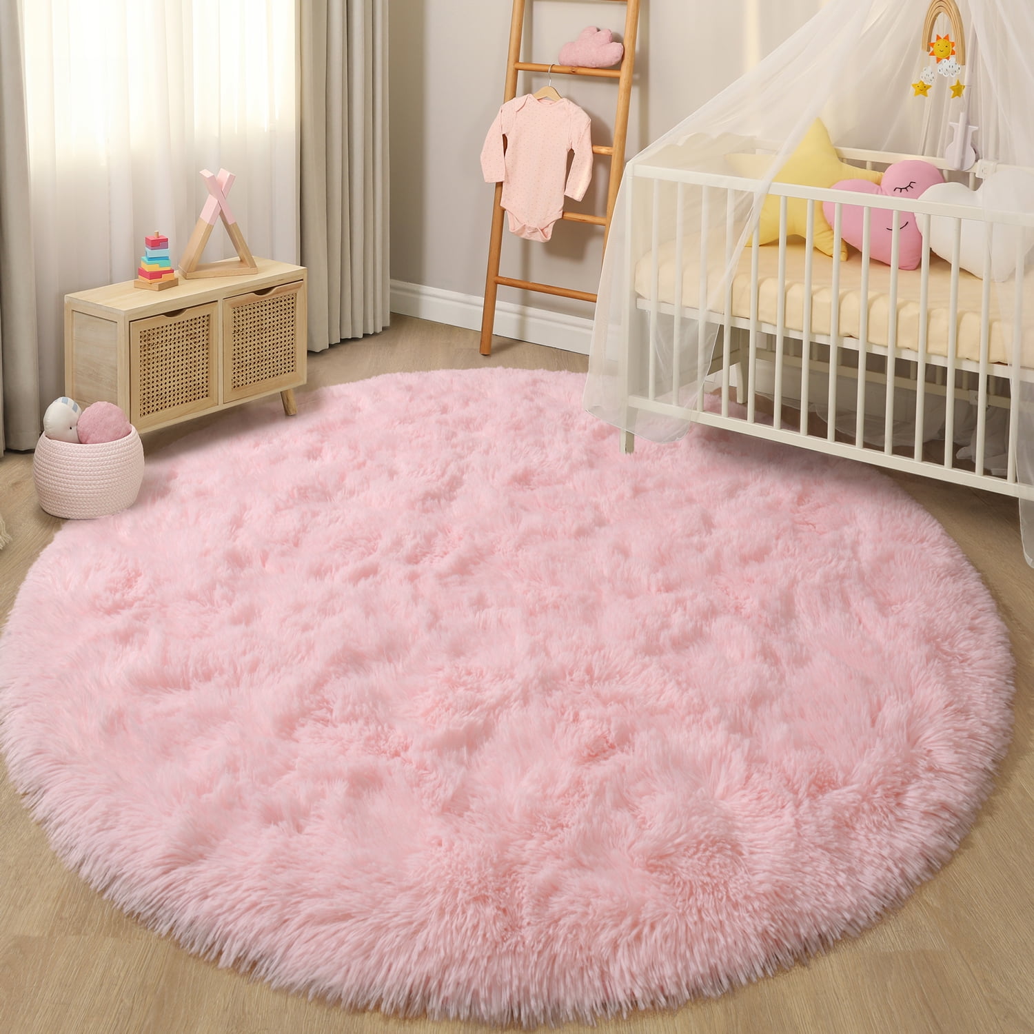 KIXINWA Pink Round Rug, 4X4 Feet Fluffy Circle Area Rug for Kids Room Bedroom Living Room Home Decor, Super Soft Cute Non Slip Circular Rug, Shaggy Plush Nursery Carpet