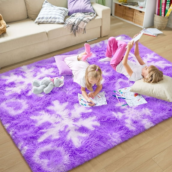 KIXINWA Purple Princess Rugs for Living Room, 4x6 Feet Fluffy Shaggy Snowflake Rug for Girls Bedroom, Plush Fuzzy Super Soft Carpet for Kids Room Home Decor, Upgraded Non Slip Bottom, Purple Rugs