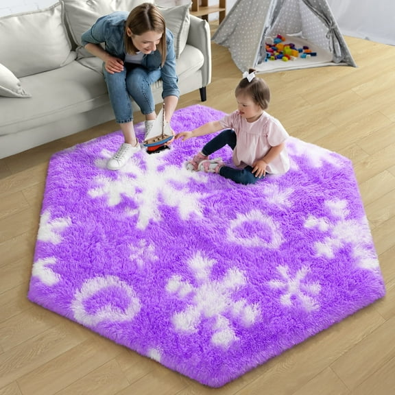 KIXINWA Purple Princess Tent Rug, 4x4.6 Feet Purple Rugs for Girls Bedroom, Fluffy Purple Snowflake Rug for Room Decor, Plush Carpet for Kids Room Playroom Nursery Decor, Cute Hexagon Purple Rugs