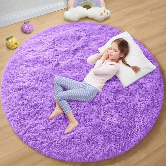 KIXINWA Purple Round Rug for Girls Bedroom, 4x4 Feet Fluffy Circle Rug for Kids Room, Fuzzy Circular Rug, Plush Shaggy Soft Area Rug for bedroom, Non Slip Living Room Rug, Nursery Dorm Cute Small Rug
