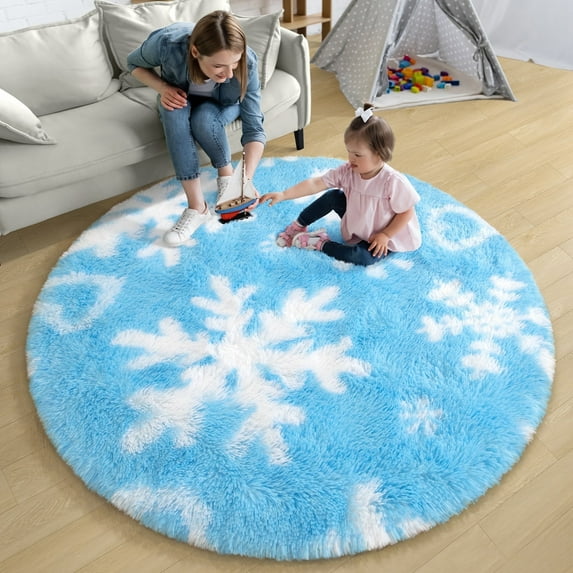 KIXINWA Round Frozen Rugs for Girls Bedroom, 4x4 Feet Fluffy Circle Snowflake Rug for Frozen Room Decor, Circular Plush Snowflake Carpet for Kids Room Playroom Nursery Decor, Cute Blue snowflake rugs