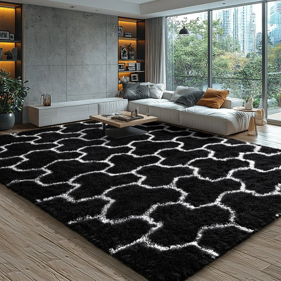 KIXINWA Ultra Soft Area Rug for Bedroom, 4x6 Black and White Geometric Pattern Washable Fluffy Shag Rug for Living Room, Plush Non Slip Carpet for Indoor Floor Nursery Kids Dorm Home Decor Aesthetic