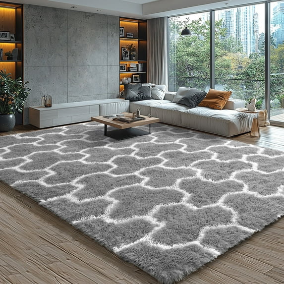 KIXINWA Ultra Soft Area Rug for Bedroom, 4x6 Grey and White Geometric Pattern Washable Fluffy Shag Rug for Living Room, Plush Non Slip Carpet for Indoor Floor Nursery Kids Dorm Home Decor Aesthetic