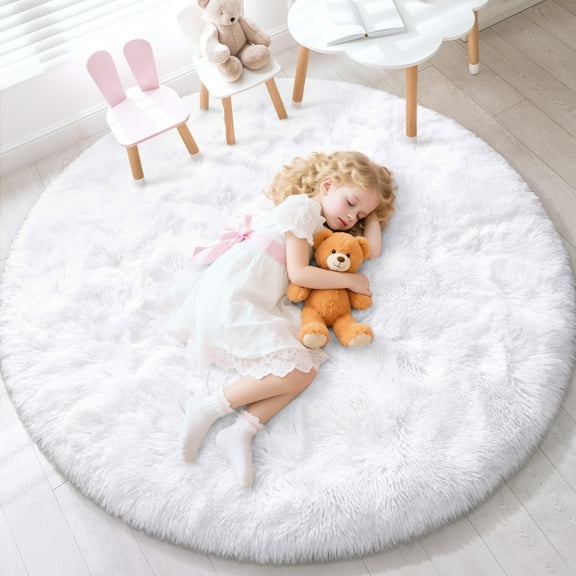 KIXINWA White Round Rug for Girls Bedroom, Fluffy Circle Rug for Kids Room, 4x4 Feet Fuzzy Circular Rug, Soft Plush Area Rug for Bedroom, Non Slip Shaggy Living Room Rug, Nursery Dorm Cute Small Rug
