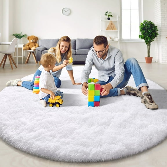 KIXINWA White Round Rug for Girls Bedroom, Fluffy Circle Rug for Kids Room, 5x5 Feet Plush Area Rug for Bedroom, Soft Fuzzy Circular Rug, Non Slip Shaggy Living Room Rug, Nursery Dorm Cute Rug Décor