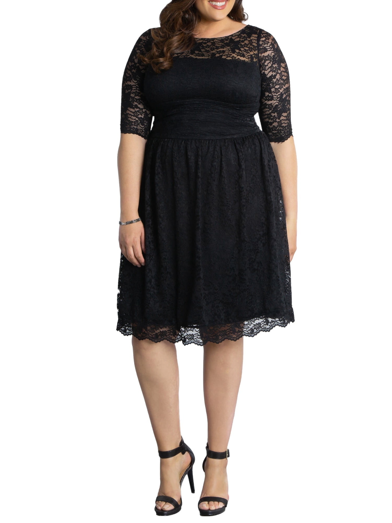KIYONNA Womens Black Lace 3/4 Sleeve Boat Neck Knee Length Evening A-Line  Dress Plus 1X - Walmart.com