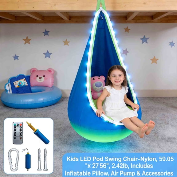KId LED Pod Swing Chair with Inflatable Pillow  Hanging Sensory Hammock for Indoor & Outdoor Play, Blue