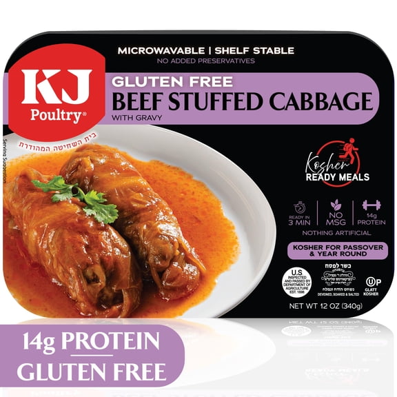 KJ Poultry Kosher for Passover Gluten Free Meals, Beef Stuffed Cabbage Rolls in Gravy (1 Pack) Prepared Entree Fully Cooked, Shelf Stable Microwave Dinner, Travel Military Camping