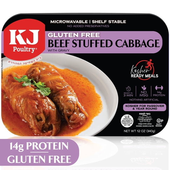 KJ Poultry Kosher for Passover Gluten Free Meals, Beef Stuffed Cabbage Rolls in Gravy (1 Pack) Prepared Entree Fully Cooked, Shelf Stable Microwave Dinner, Travel Military Camping