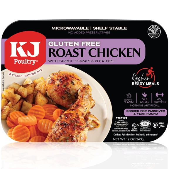KJ Poultry Kosher for Passover Gluten Free Meals, Roast Chicken with Potato & Carrots, Halal, (1 pack) Prepared Entree Fully Cooked, Shelf Stable Microwave Dinner, Travel Military Camping