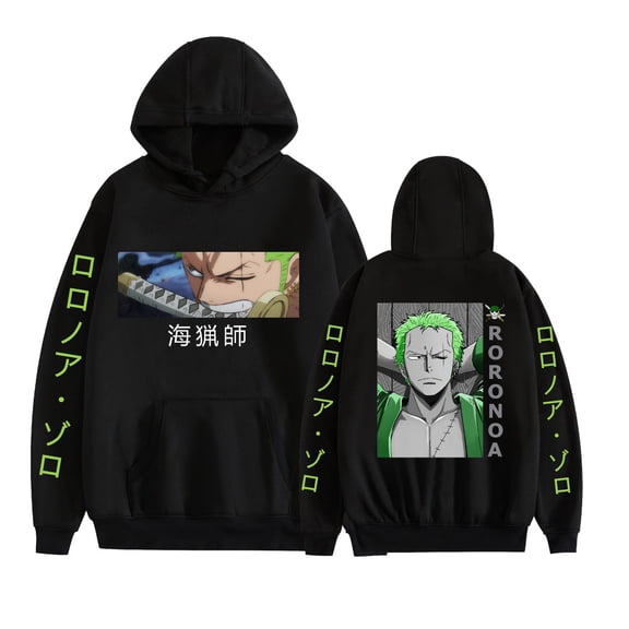 KJCEWSTX Roronoa Zoro Pattern Pullover Anime Hoodie Long Sleeve Sweatshirt Unisex Black