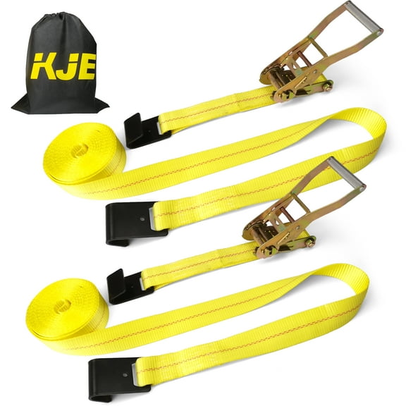 KJE Flat Hook Ratchet Straps 2 Pack, Heavy Duty 2" x 27' Tie Down Straps, 3,333 lb Working Load Limit, Weather Resistant Cargo Straps for Flatbed, Truck, Trailer, Pickup