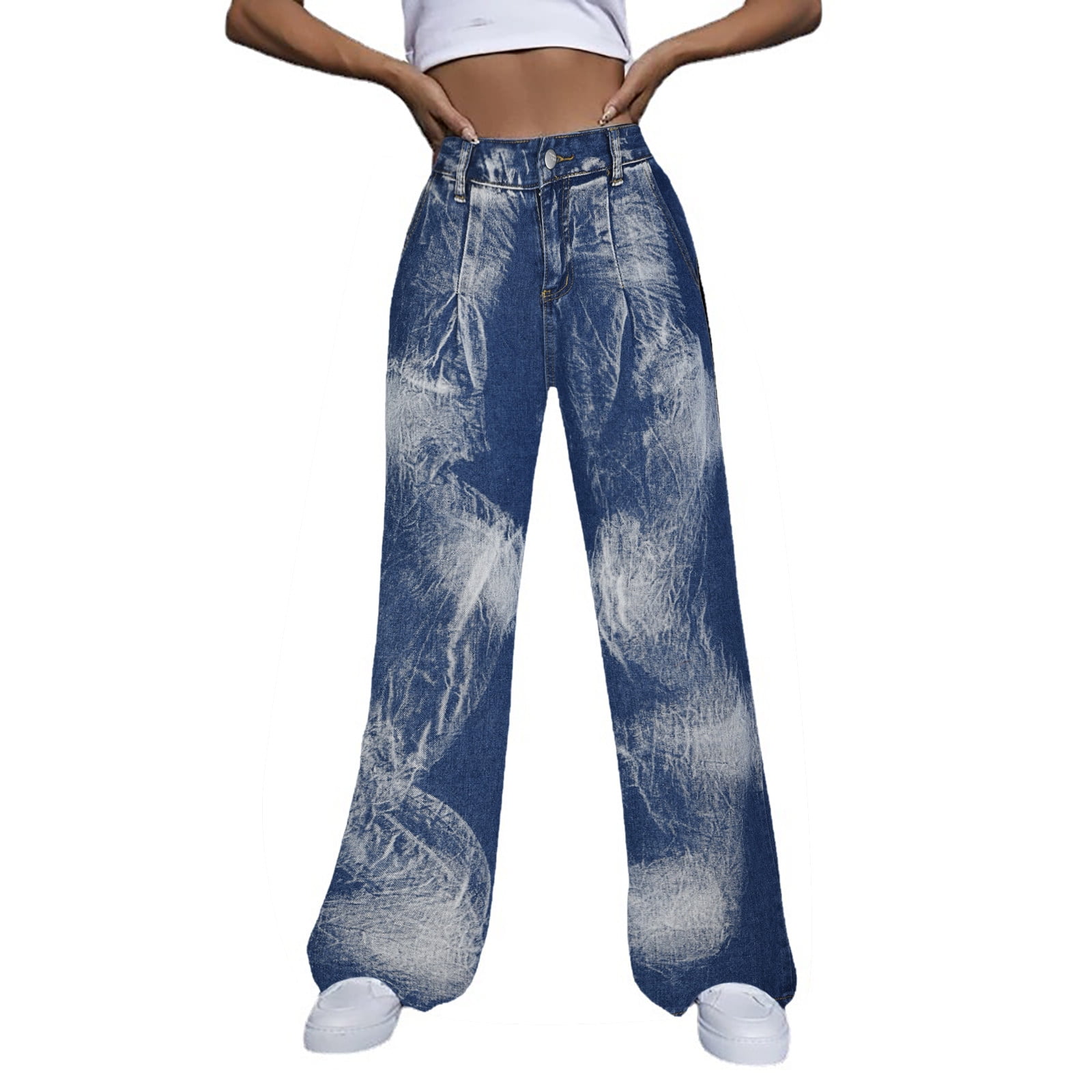 KJIUQ Wide Leg Ripped Jeans for Women High Waist Baggy Distressed Denim  Pants Casual Y2K Trendy Streetwear Trousers(Blue,L)