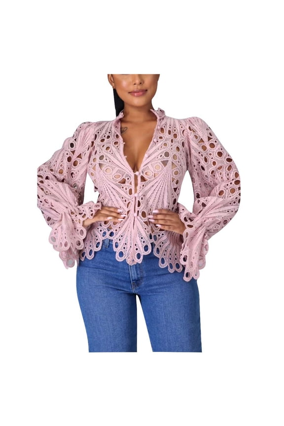 Women’s Ruffle Long Sleeve Summer Lace Tops 2023 Puff Flare Shirt V Neck Hollow Out Button Down Tunic Blouses(Pink,S)