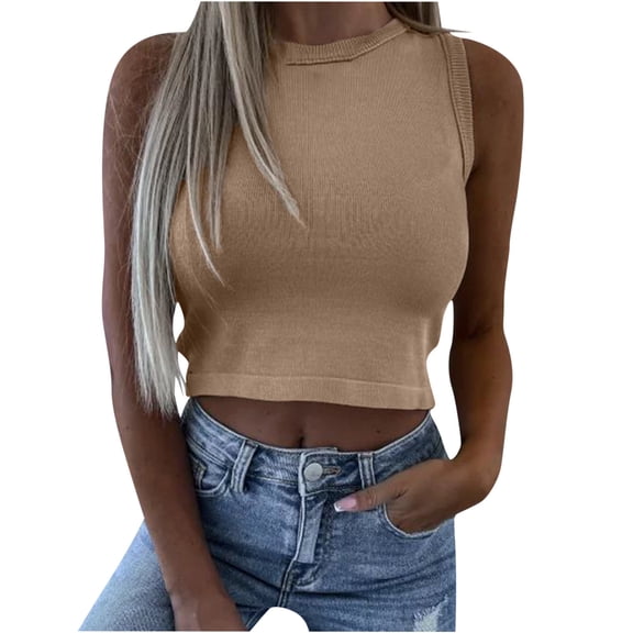 KJIUQ Womens Sleeveless Crewneck Workout Crop Tops Rib-Knit Cute Racerback Cropped Tank Tops Teen Girls Summer Clothes(Khaki,L)