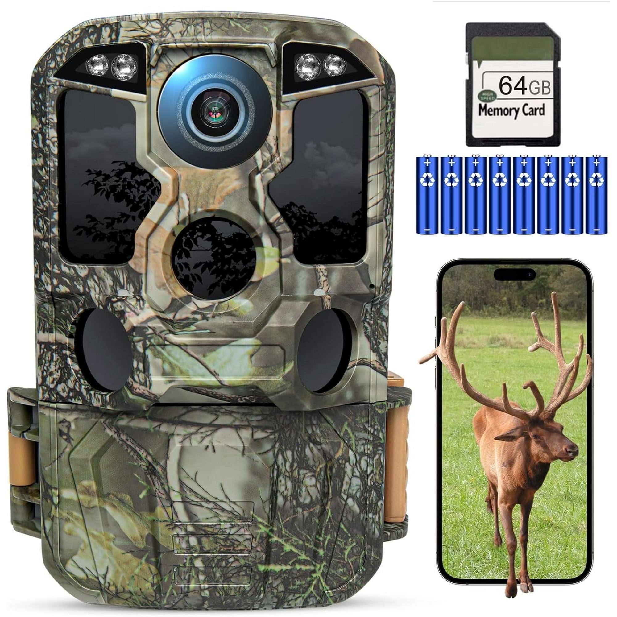 KJK Trail Camera WiFi 4K 64MP with 64GB Memory Card, Game Camera with Night Vision, 0.05s Trigger Motion Activated, IP67 Waterproof 130Wide-Angle 42pcs No Glow Infrared Leds for Wildlife Monitoring