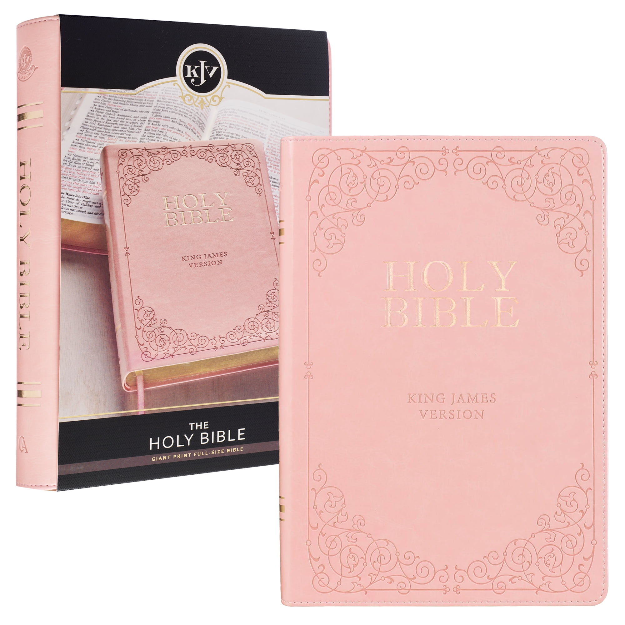 KJV Holy Bible, Standard Size, Pink Floral Faux Leather, Red