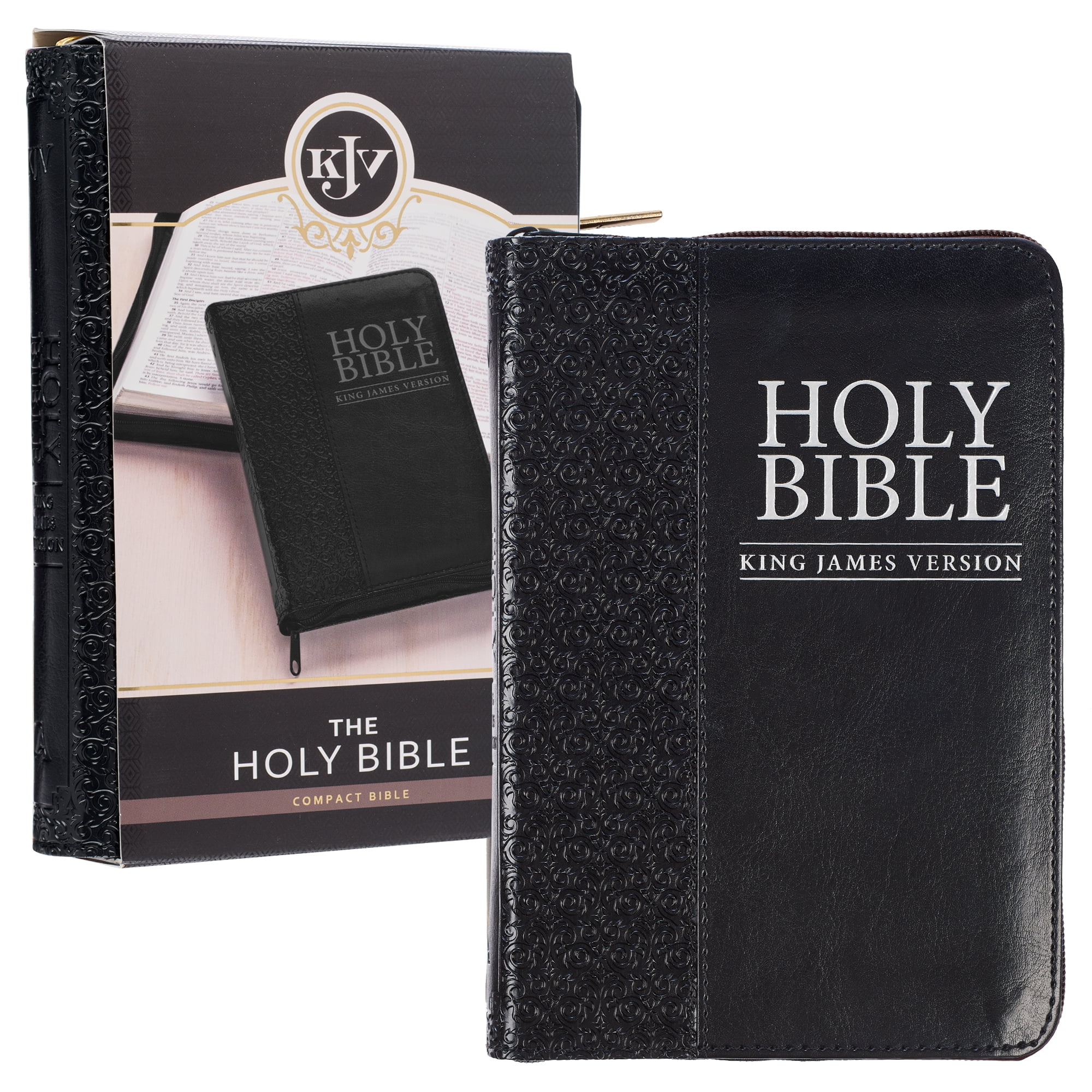 Compact Black Faux Leather King James Version Bible with Zipper Closure