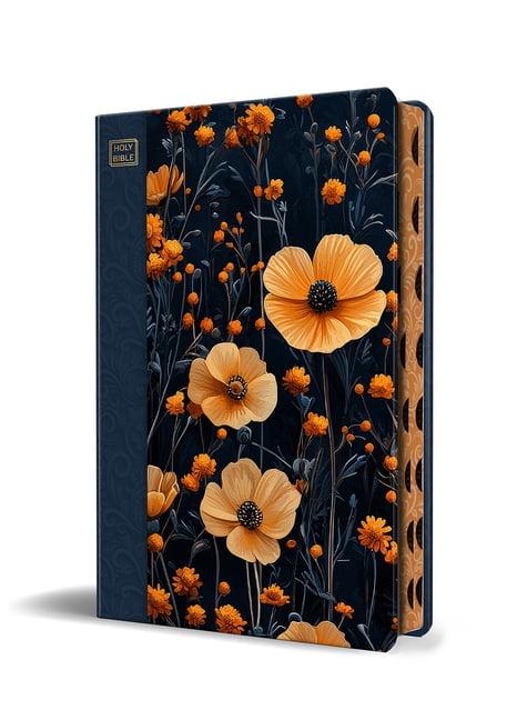 KJV Holy Bible, Large Print Handy Size Format, Hardcover, Dark Blue and Orange Flower, Page Edge Design, Thumb Index, Ri, (Hardcover)