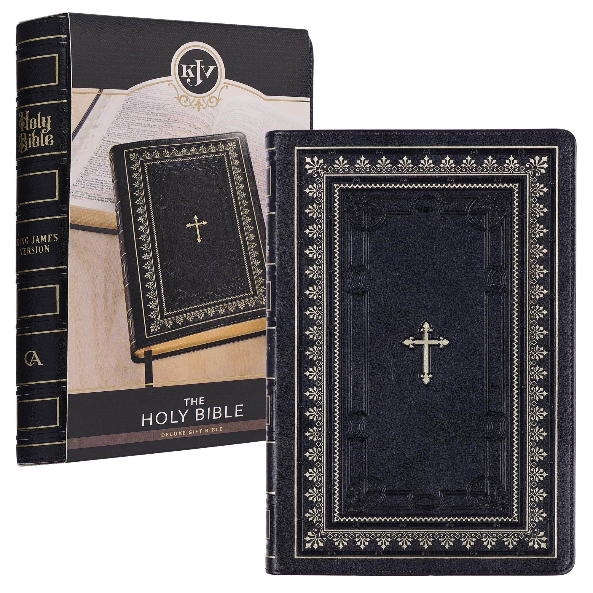 KJV Holy Bible Standard Size Faux Leather Red Letter Edition Thumb Index & Ribbon Marker, King James Version, Black/Gold Cross
