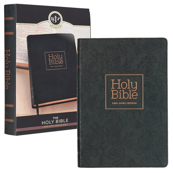 KJV Holy Bible, Thinline Large Print Faux Leather Red Letter Edition Thumb Index, Ribbon Marker, King James Version, Black/Debossed Roses