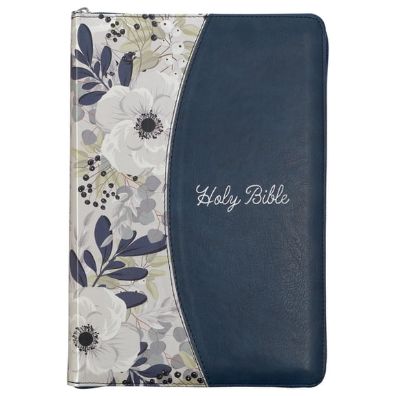 KJV Bible Thinline Large Print (Faux Leather, Blue Floral Printed W/Zipper), (Paperback)