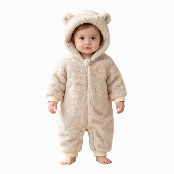 KJameas Baby Boys Girls Jumpsuit Fuzzy Fleece Bear Hooded Zip Up Footed